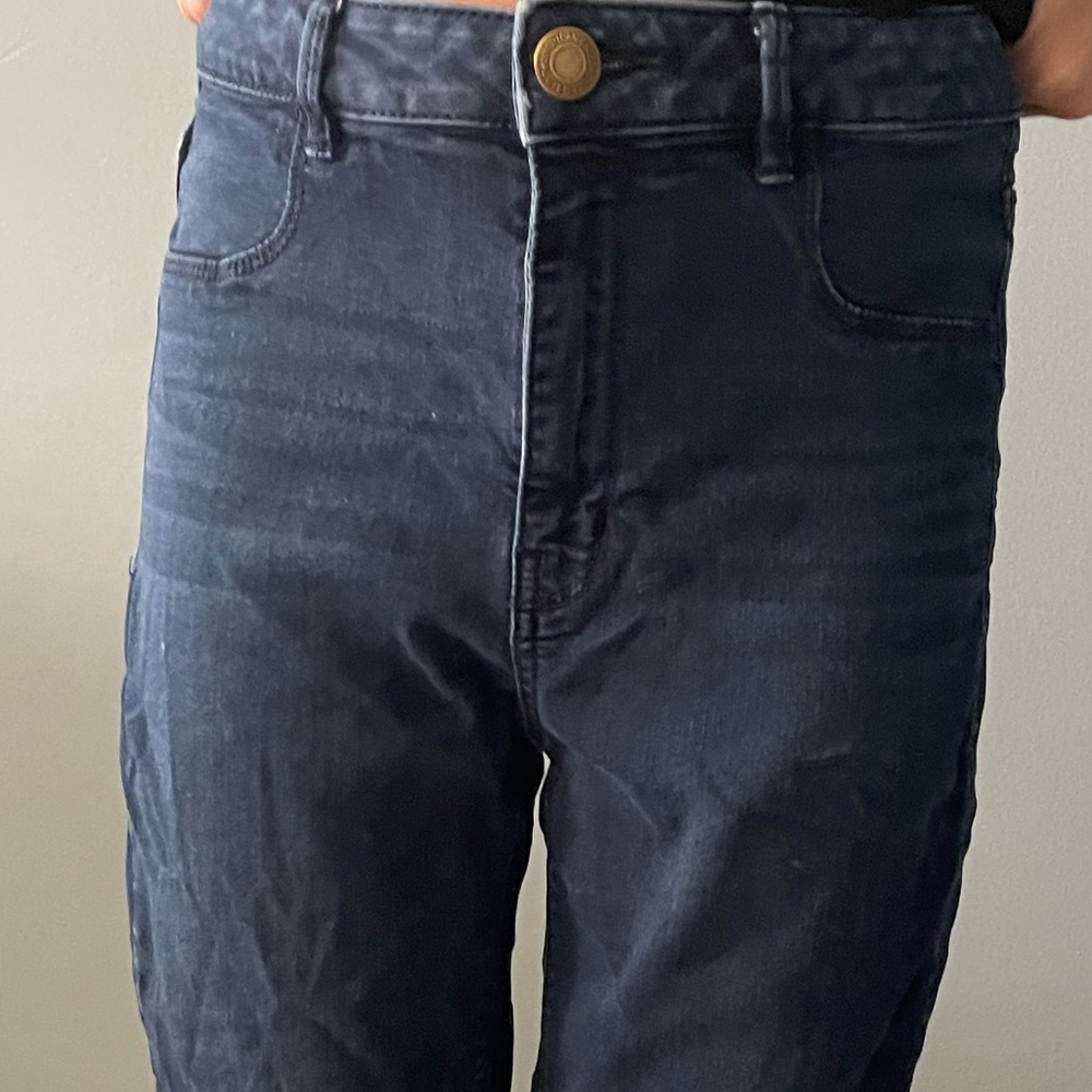 Dark blue sky high rise jeans for American eagle